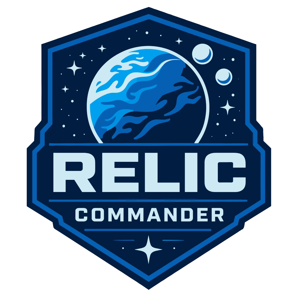 Relic Commander logo, a spaceship flying through a starry space with planets, framed in a futuristic border, with the words RELIC COMMANDER below.