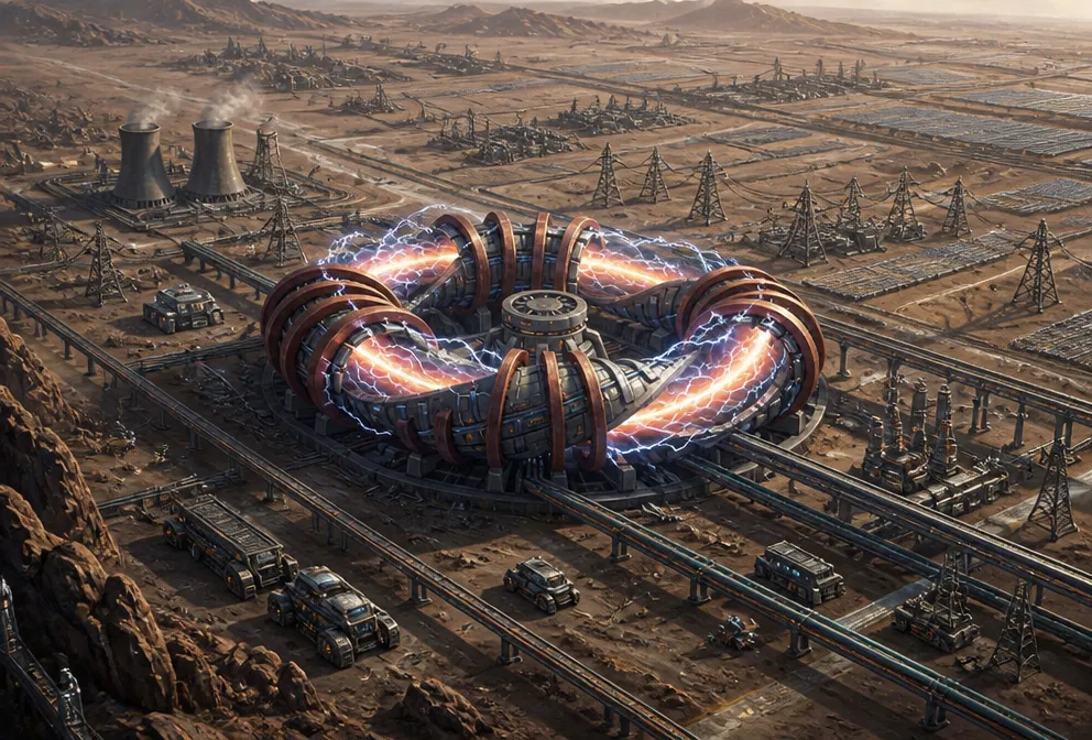A colossal toroidal Stellarator glows amid automated surface infrastructure and transmission lines.