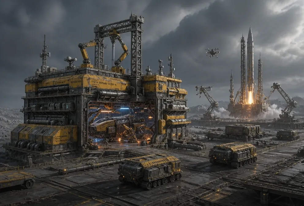 A massive automated ship assembly plant operates across a barren planetary industrial plain.