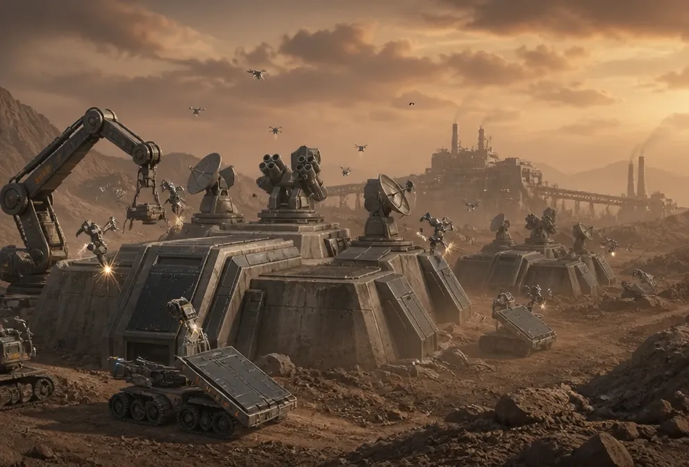 Bunkers défensifs automatisés en construction parmi des drones et grues robotisées sur terrain rocheux.